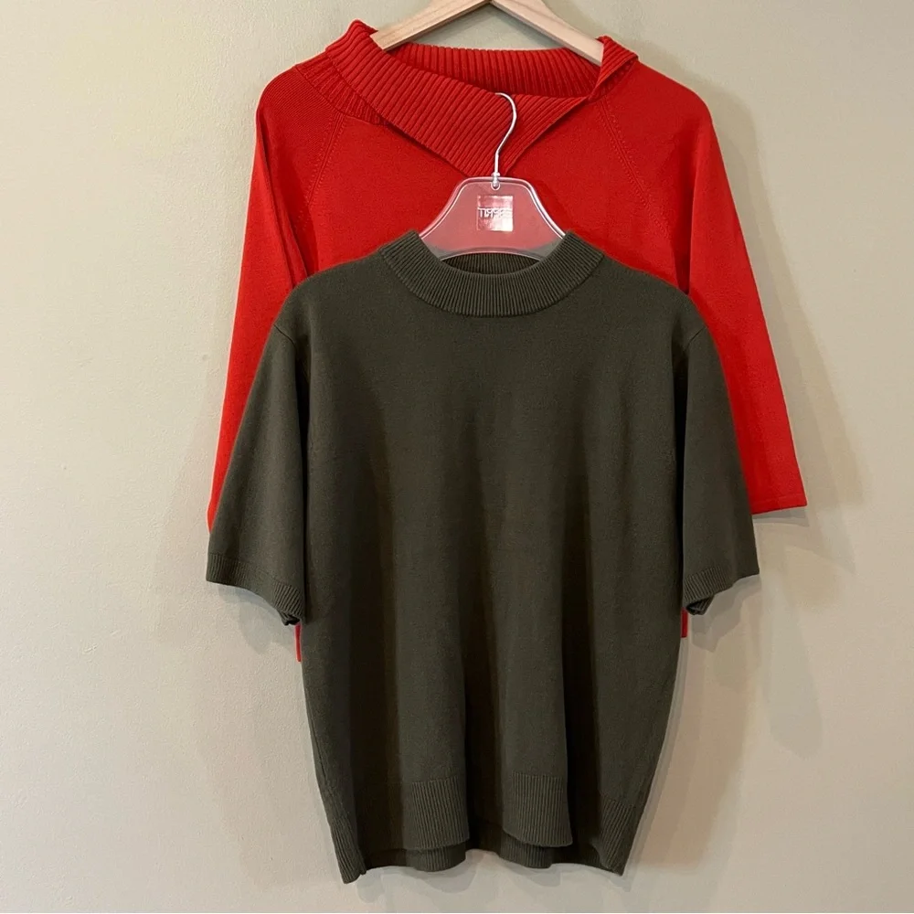 2 VTG Fall Sweater Sz L Sag Harbor Petite JAC Olive Rust Mock‎ Neck Asymmetric